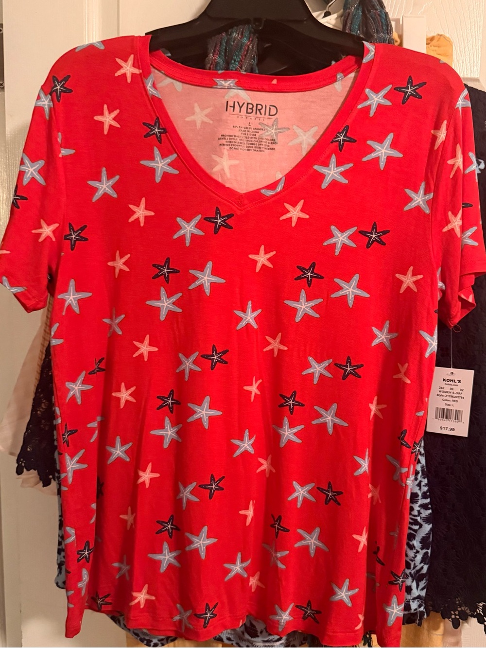 Hybrid Apparel Red V-Neck Top with Blue and Black Starfish Print